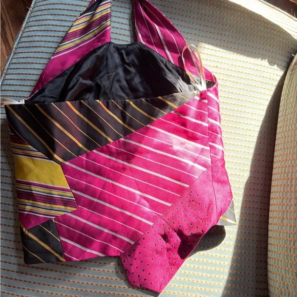 Karen Millen Black Satin Lined halter top with Pink Striped ties. Size 6 - Picture 2 of 3